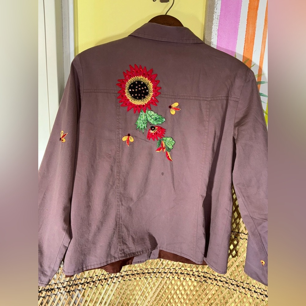 Tapestry Patch Sequin Embroidered Sunflower Jacket Bees Art to Wear Size L - Picture 3 of 10